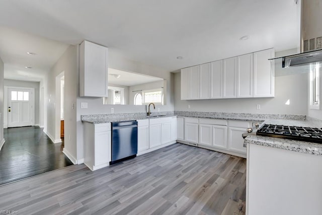 kitchen with a sink, a healthy amount of sunlight, light wood-style flooring, and dishwasher