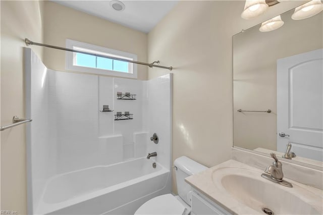 full bath featuring toilet, shower / washtub combination, and vanity