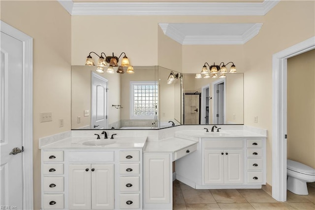 bathroom featuring toilet, ornamental molding, a shower stall, and vanity