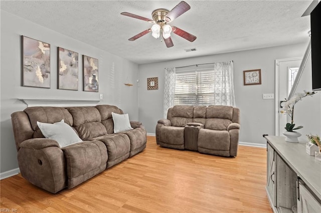 living area featuring a textured ceiling, light wood finished floors, visible vents, and baseboards