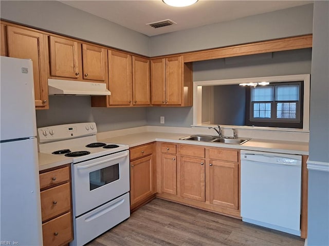 kitchen with white appliances, visible vents, light countertops, under cabinet range hood, and a sink