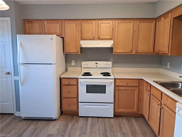 kitchen with light countertops, a sink, light wood-type flooring, white appliances, and under cabinet range hood