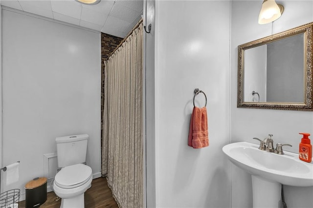 bathroom with toilet, curtained shower, a sink, and wood finished floors