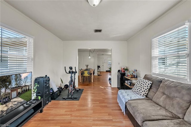 workout area featuring light wood-type flooring and visible vents