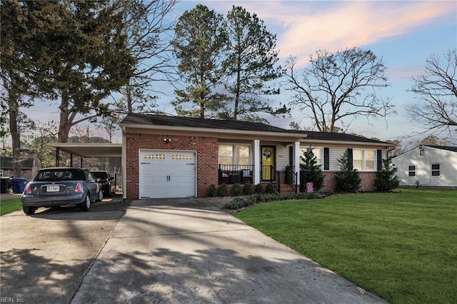 ranch-style home with a front yard, brick siding, driveway, and an attached garage