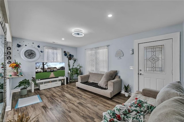 living area featuring baseboards and wood finished floors