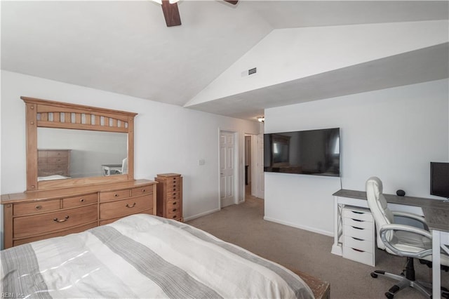 carpeted bedroom with ceiling fan, visible vents, baseboards, and vaulted ceiling