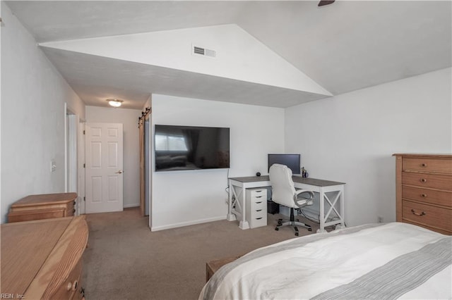 carpeted bedroom with visible vents, vaulted ceiling, and baseboards