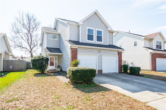 view of front facade featuring an attached garage, brick siding, fence, driveway, and a front lawn