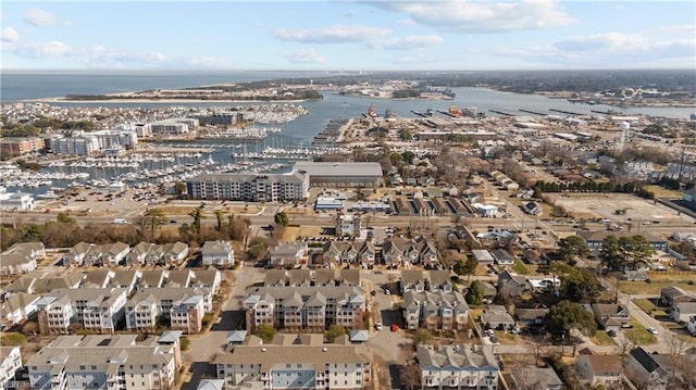 drone / aerial view featuring a water view