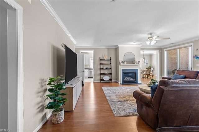 living area with crown molding, a fireplace with flush hearth, ceiling fan, wood finished floors, and baseboards