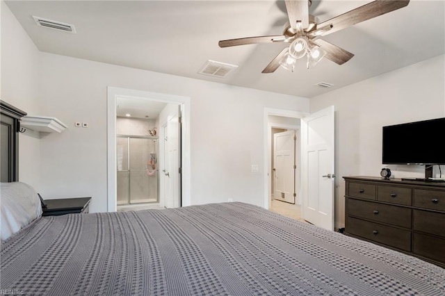 unfurnished bedroom featuring a ceiling fan, visible vents, and ensuite bathroom