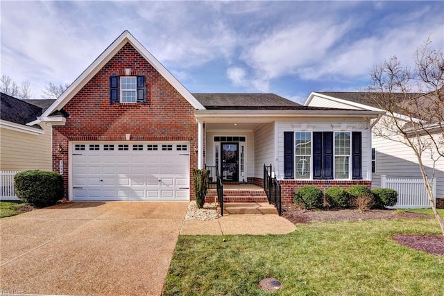 traditional home with concrete driveway, fence, a front lawn, a porch, and brick siding