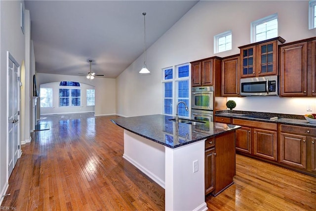 kitchen with a ceiling fan, hardwood / wood-style flooring, appliances with stainless steel finishes, high vaulted ceiling, and a sink