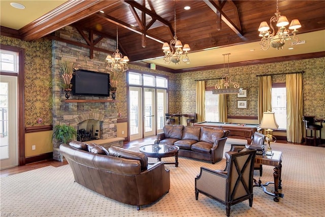 living room with wallpapered walls, billiards, wooden ceiling, a fireplace, and a notable chandelier