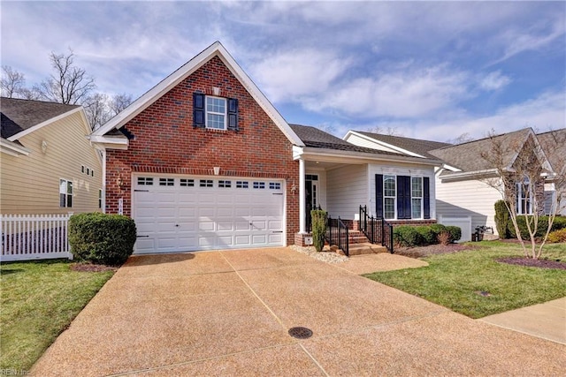 traditional-style house featuring a garage, brick siding, fence, concrete driveway, and a front lawn