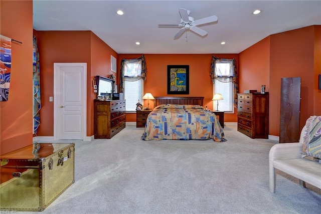 carpeted bedroom featuring visible vents, recessed lighting, baseboards, and ceiling fan