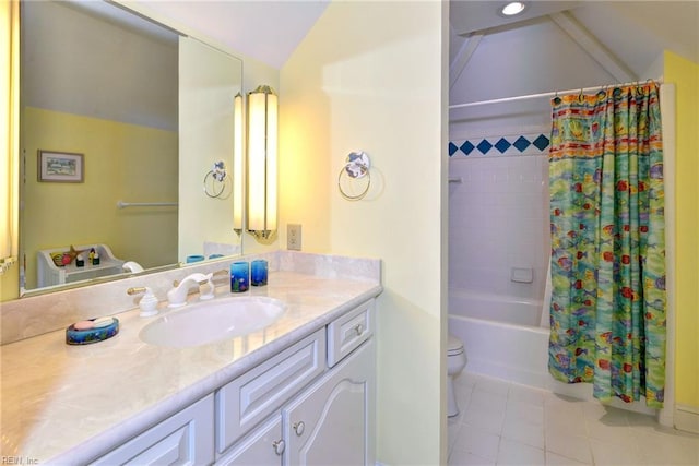 full bathroom featuring vanity, tile patterned flooring, vaulted ceiling, toilet, and shower / tub combo with curtain