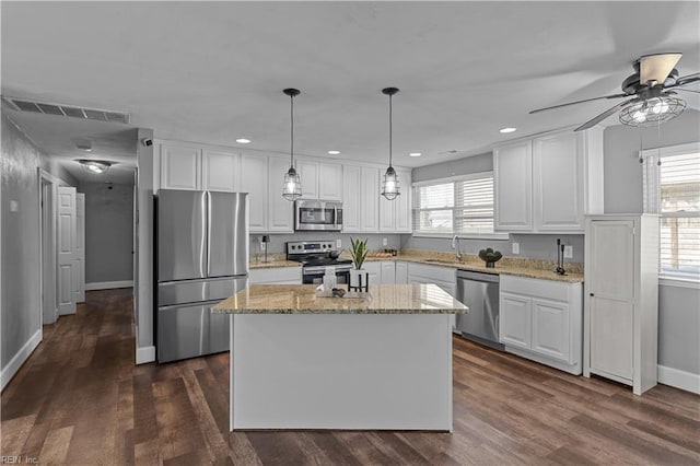 kitchen featuring stainless steel appliances, visible vents, a sink, and white cabinetry