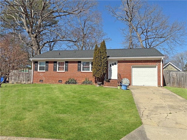 ranch-style home with a garage, brick siding, fence, crawl space, and a front yard