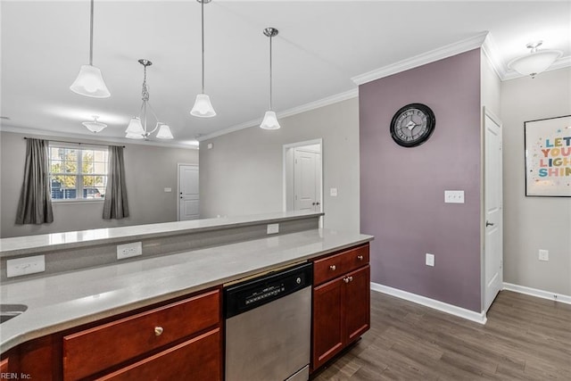 kitchen featuring dishwasher, light countertops, ornamental molding, and dark wood-style flooring