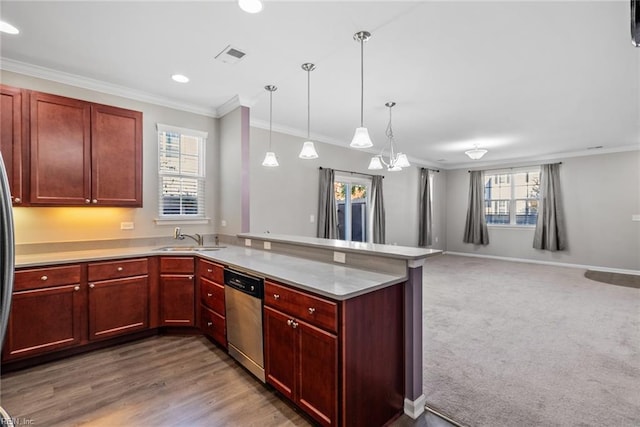 kitchen with dishwasher, ornamental molding, a peninsula, light countertops, and a sink