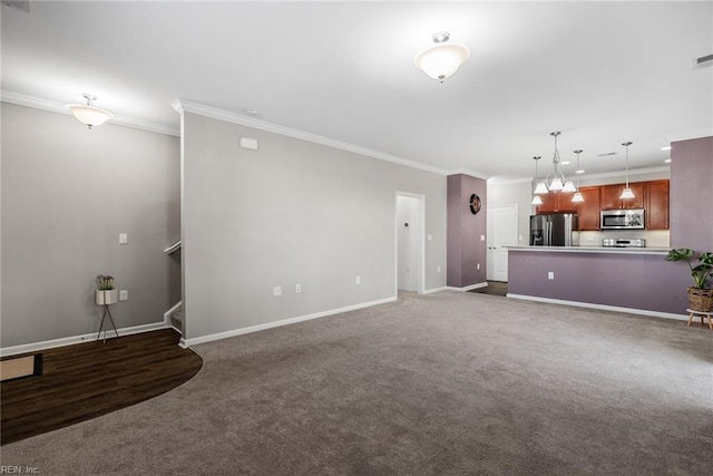 living room featuring ornamental molding, dark colored carpet, stairway, and baseboards