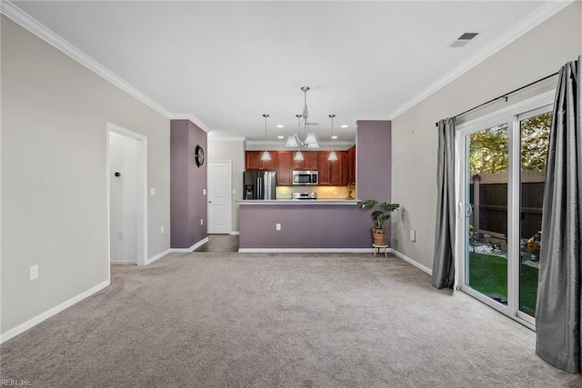 unfurnished living room with recessed lighting, visible vents, ornamental molding, light carpet, and baseboards