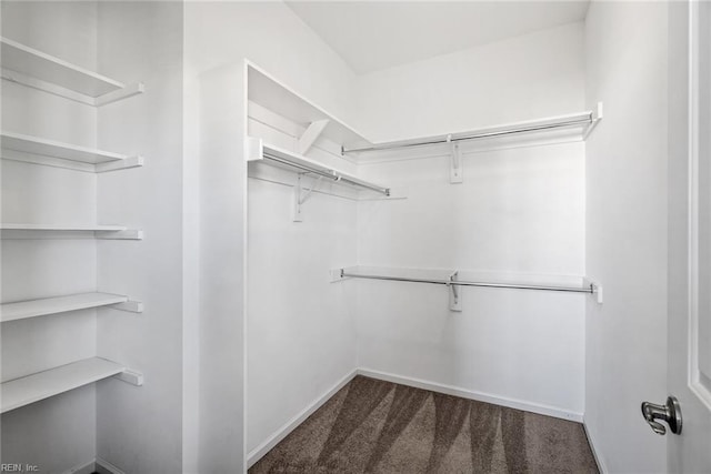 spacious closet featuring dark carpet