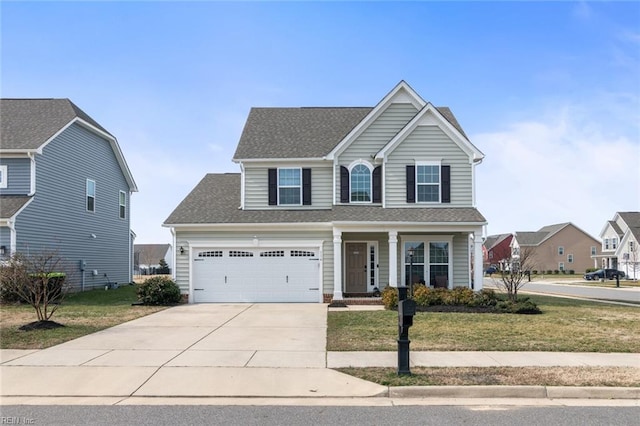 traditional-style home featuring driveway, a porch, roof with shingles, and a front yard