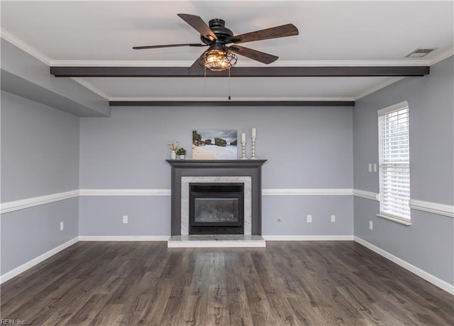 unfurnished living room featuring baseboards, wood finished floors, crown molding, and a high end fireplace