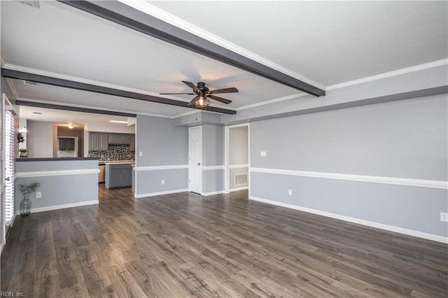 unfurnished living room with ornamental molding, visible vents, dark wood finished floors, and baseboards