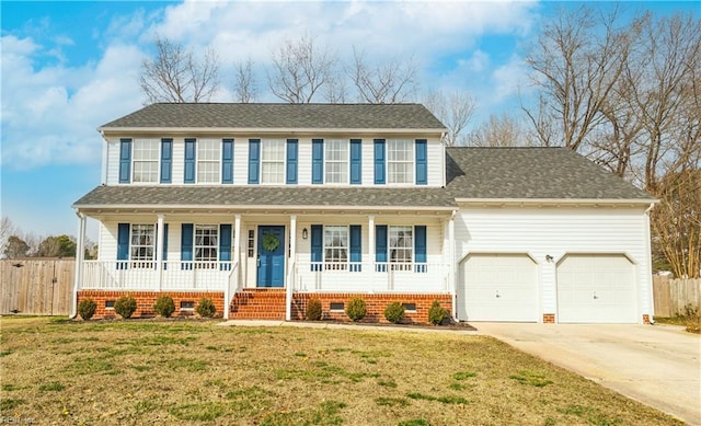 colonial home featuring crawl space, covered porch, fence, and a front lawn