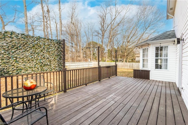 wooden terrace with a fenced backyard