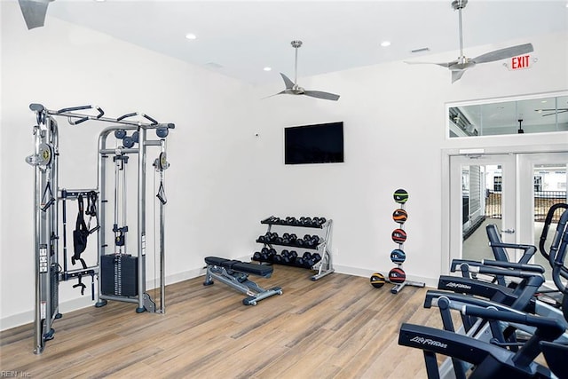 workout area with recessed lighting, ceiling fan, baseboards, and wood finished floors