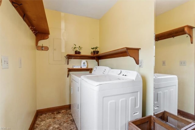 laundry area featuring laundry area, washing machine and dryer, and baseboards