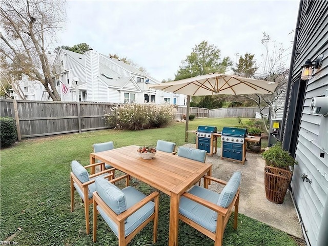 view of patio / terrace featuring outdoor dining area, area for grilling, and a fenced backyard