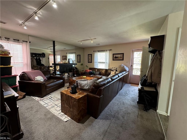 carpeted living area featuring track lighting