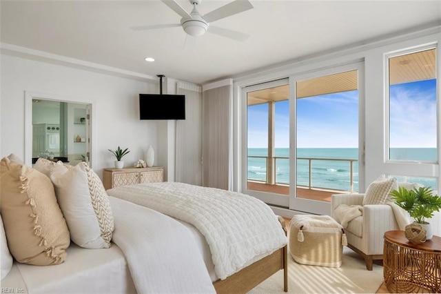 bedroom with ceiling fan, recessed lighting, and access to exterior