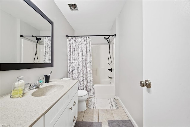 bathroom with toilet, shower / bath combo, vanity, baseboards, and tile patterned floors