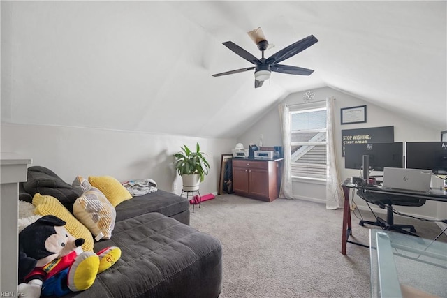 bedroom with lofted ceiling, a ceiling fan, and light colored carpet