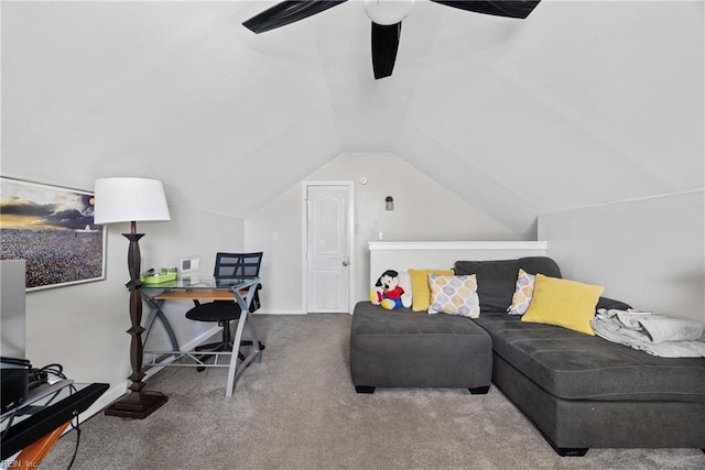 carpeted office featuring a ceiling fan and lofted ceiling