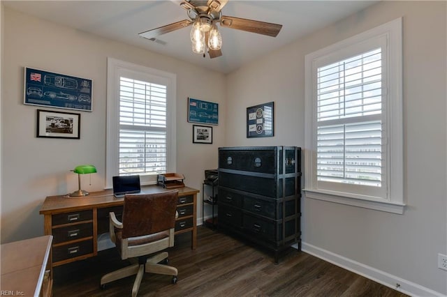 home office featuring ceiling fan, dark wood-type flooring, and baseboards