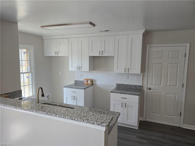 kitchen with light stone countertops, white cabinetry, dark wood finished floors, and a sink