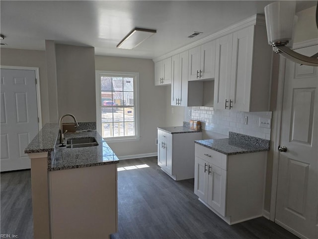 kitchen with visible vents, a sink, stone counters, white cabinetry, and backsplash