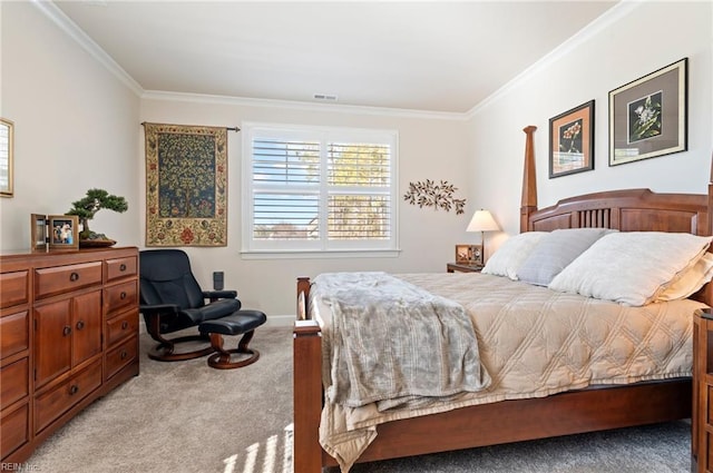 bedroom with light carpet, visible vents, and crown molding