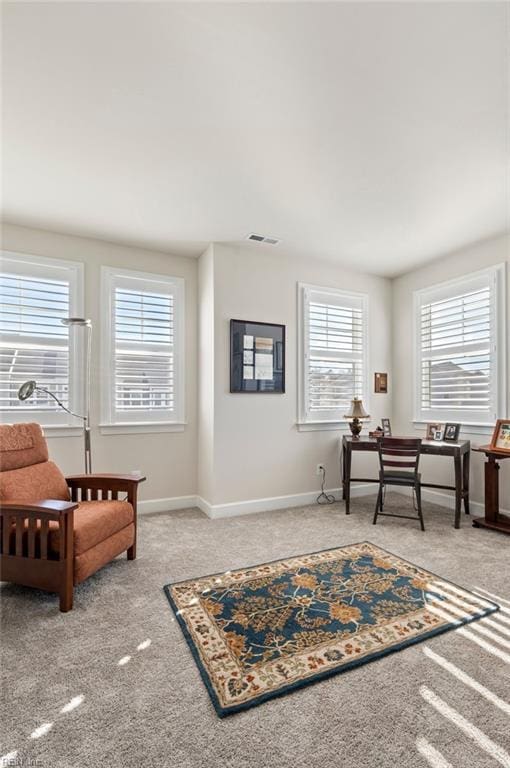 carpeted office with visible vents and baseboards