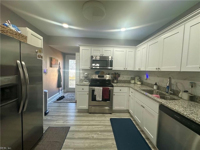 kitchen with decorative backsplash, white cabinets, stainless steel appliances, light wood-type flooring, and a sink