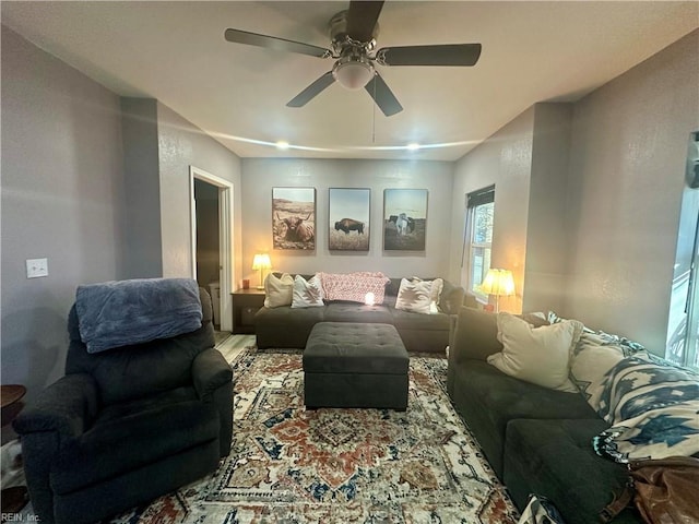 living room featuring ceiling fan and wood finished floors