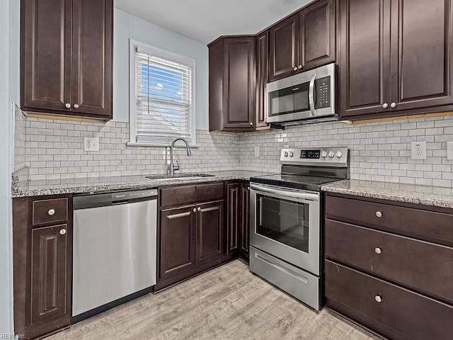 kitchen with light wood finished floors, decorative backsplash, appliances with stainless steel finishes, light stone counters, and a sink